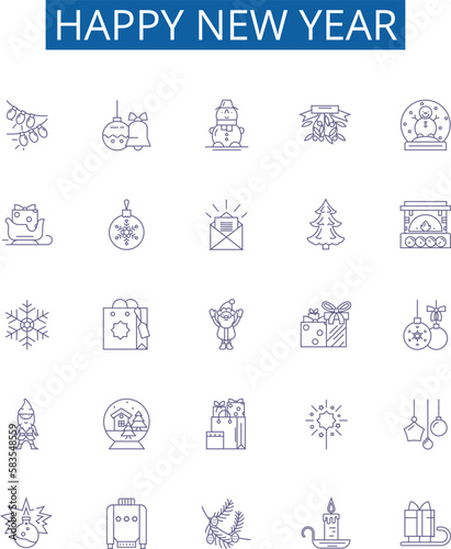 Happy new year line icons signs set. Design collection of Glad, Joyous, Cheerful, Merry, Festive, Blessing, Jubilant, Optimistic outline concept vector illustrations