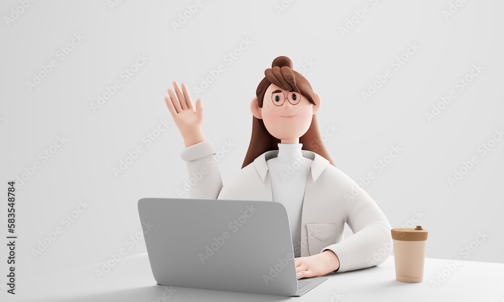 Young professional business woman office worker sitting at desk working on laptop in office.3d illustration. Young professional business woman office worker sitting at desk working on laptop in office.3d illustration.