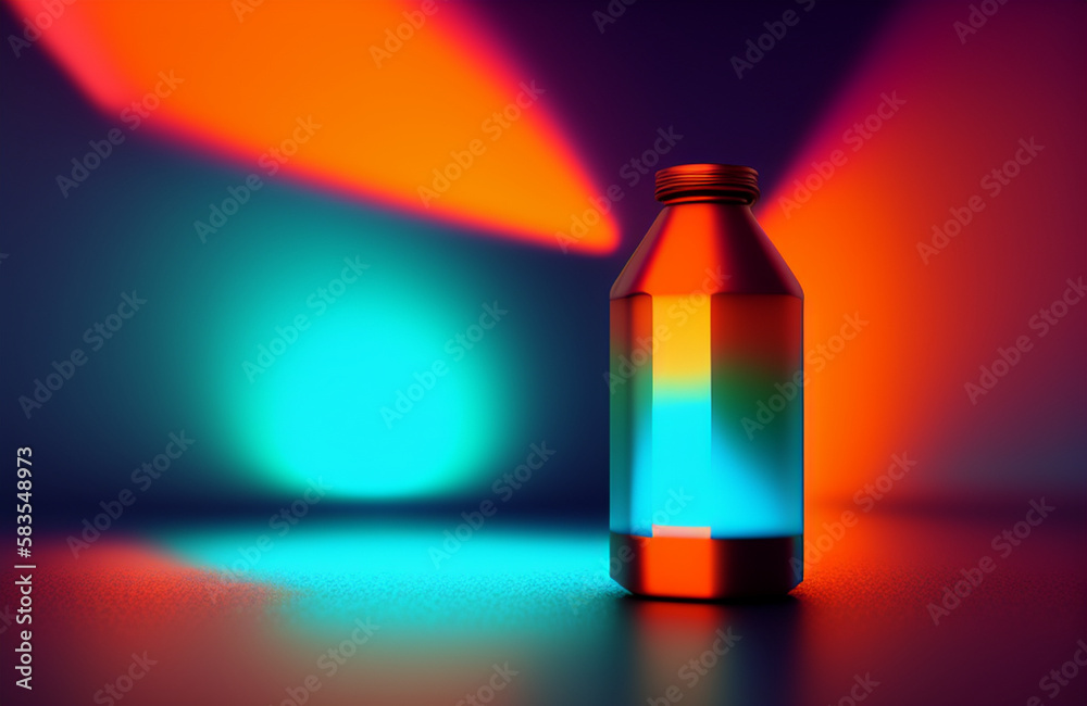 Illustration of a bottle and tube of liquid on a vibrant and colorful background created with Generative AI technology