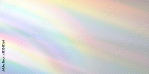 Rainbow light prism effect, transparent background. Hologram reflection, crystal flare leak shadow overlay. Vector illustration of abstract blurred iridescent light backdrop.