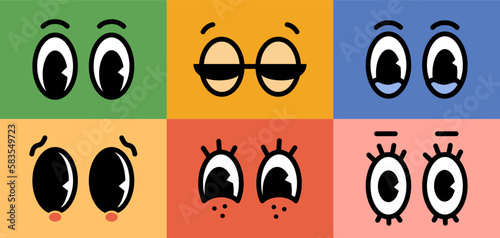 Cartoon retro character comic eyes emotions set on colored backgrounds. Vector illustration