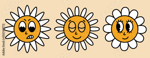 Daisy flowers with cartoon funny faces. Bloom camomile with different emotion: angry, calm, cute. Sticker pack in trendy retro. 30s, 50s, 60s vintage comic smile. Vector illustration 