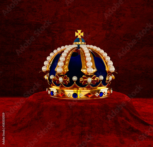 Golden Crown with jewels, pearls. Standing on velvet platform