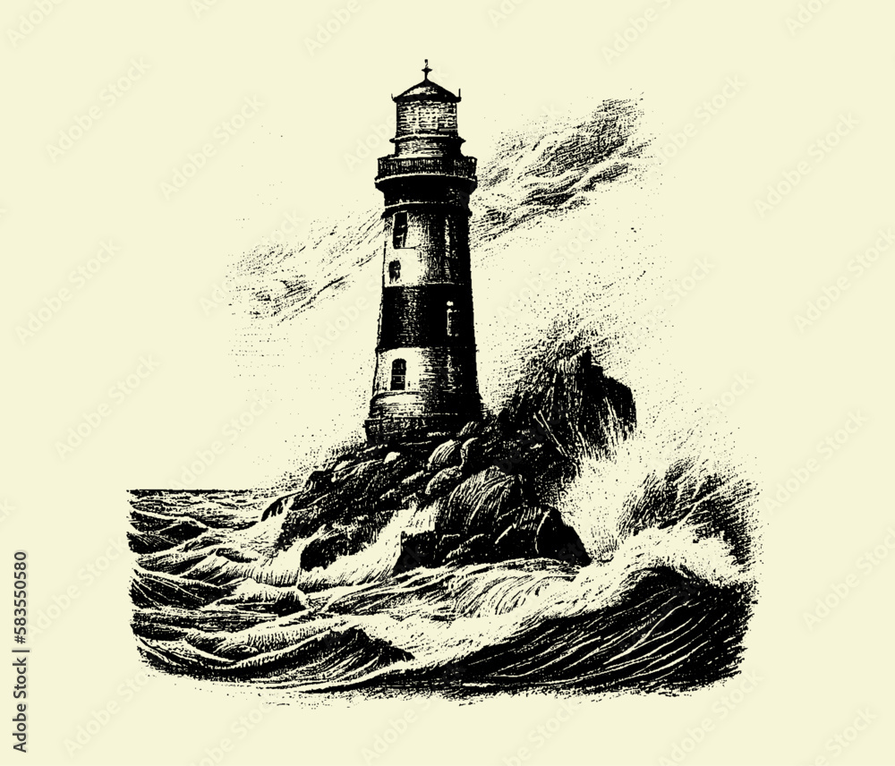 Lighthouse on the edge of the land, waves beat against the lighthouse, sketch, outline, engraving. Vector lighthouse