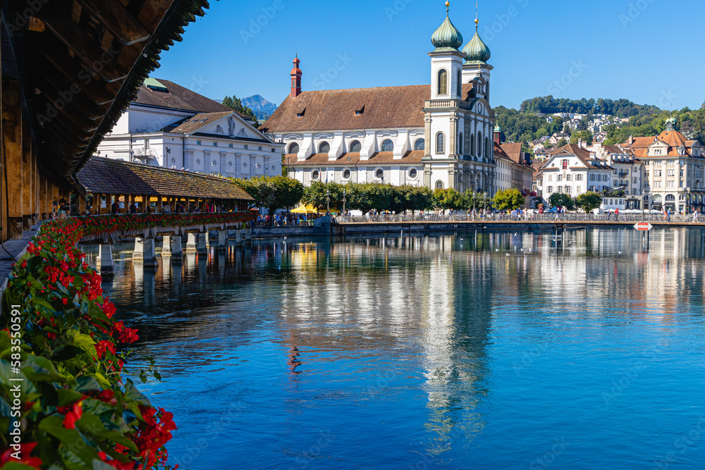 Ταπετσαρία view of lucerne with kapellbrücke chapel bridge and jesuit church in summer