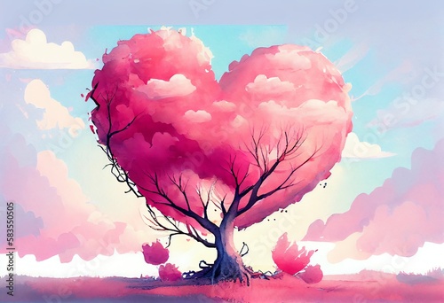 Watercolor Illustration of a Pink Heart Shaped Tree With Crooked Branches And With Big Eyes On Nature Eco Field Landscape. Fluffy Pink Clouds In The Sky. ValentineS Day. Generative AI