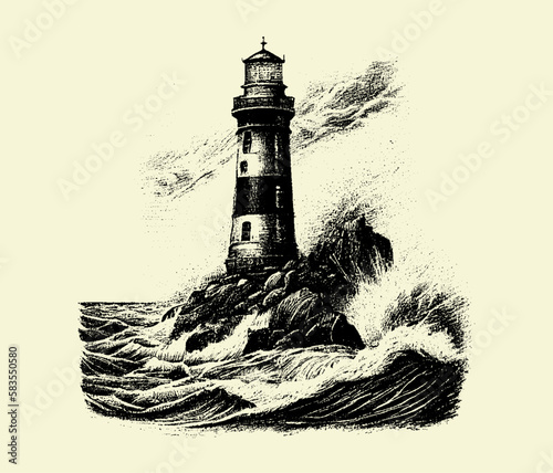 Lighthouse on the edge of the land, waves beat against the lighthouse, sketch, outline, engraving. Vector lighthouse