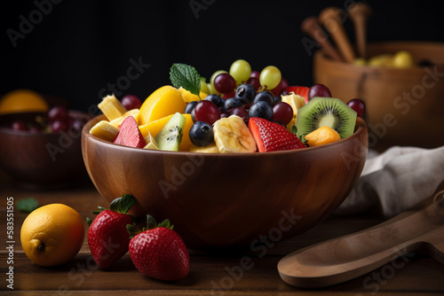 Illustration of assorted  fresh and juicy fruit salad in a bowl. Mixed fruits. Delicious  sweet and tasty. Strawberry  blueberry  orange  berries  grapes  kiwi  cherry  raspberry  Generative AI.