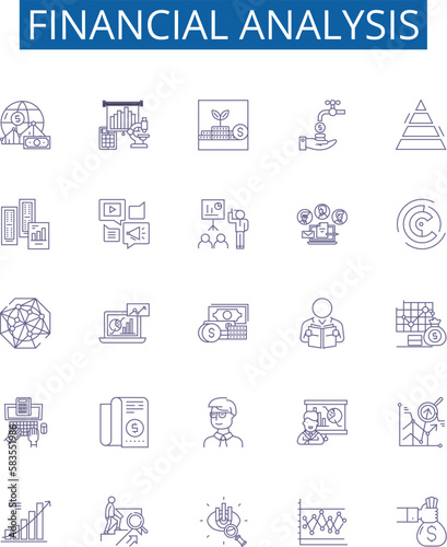 Financial analysis line icons signs set. Design collection of Budgeting, Forecasting, Ratios, Cashflow, Financing, Profitability, Liquidity, Accounting outline concept vector illustrations