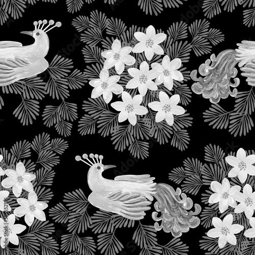 Photography Seamless pattern with fabulous birds in black and white.