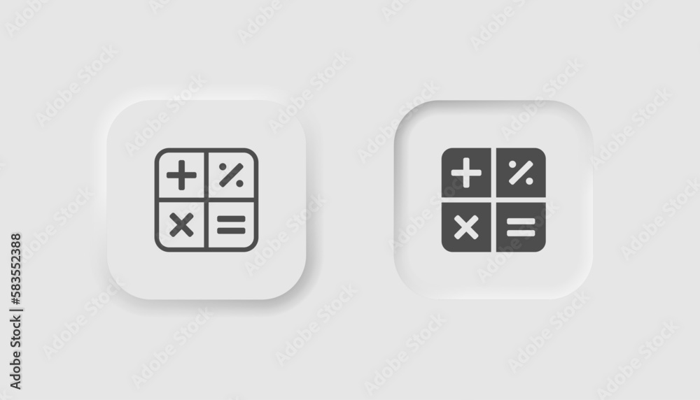 Calculator icon in neumorphism style. Icons for business, white UI, UX. Math symbol. Accounting, business, economics, plus, minus. Neumorphic style. Vector illustration. Calculator icon in neumorphism style. Icons for business, white UI, UX. Math symbol. Accounting, business, economics, plus, minus. Neumorphic style. Vector illustration.