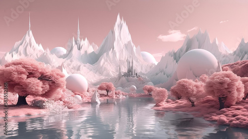 dreamy surreal fantasy landscape , pastel pink,  generative ai
