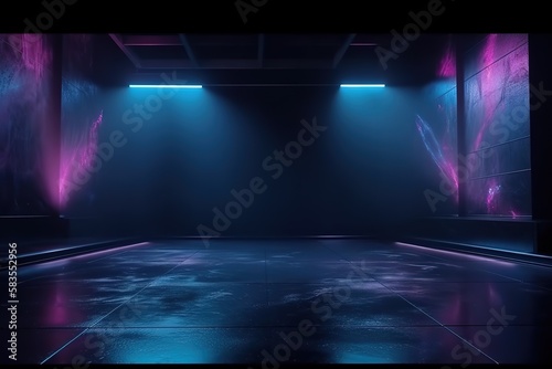 The dark stage shows, empty dark blue, purple, pink background, neon light, spotlights, The asphalt floor and studio room with smoke float up the interior texture for display products, Generative AI