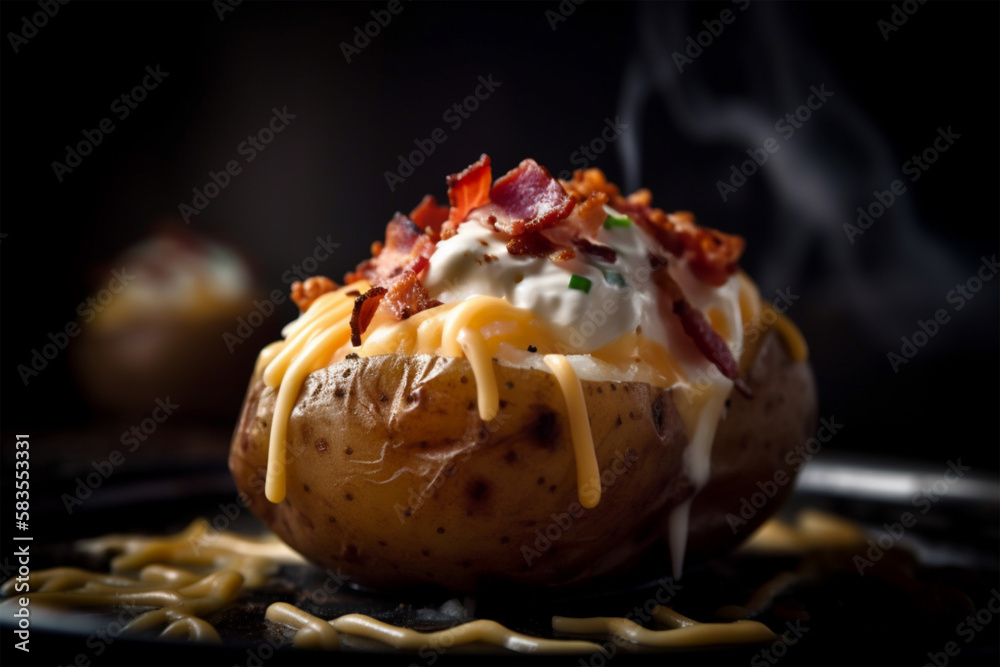 gebackene Kartoffel mit Sauerrahm und Bacon. Generative Ai. - obrazy, fototapety, plakaty 