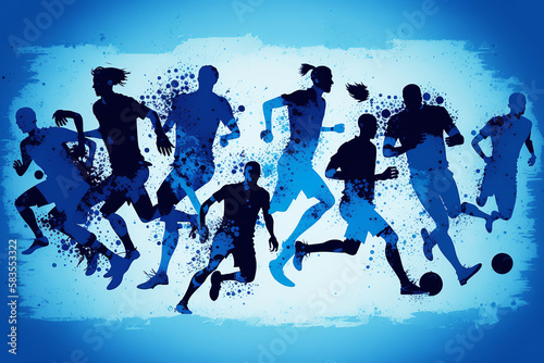 Silhouette of football players in motion in blue tones. Generative AI. © Aimages