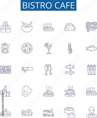 Bistro cafe line icons signs set. Design collection of Bistro, Cafe, Dining, Restaurant, Cuisine, Coffee, Breakfast, Lunch outline concept vector illustrations