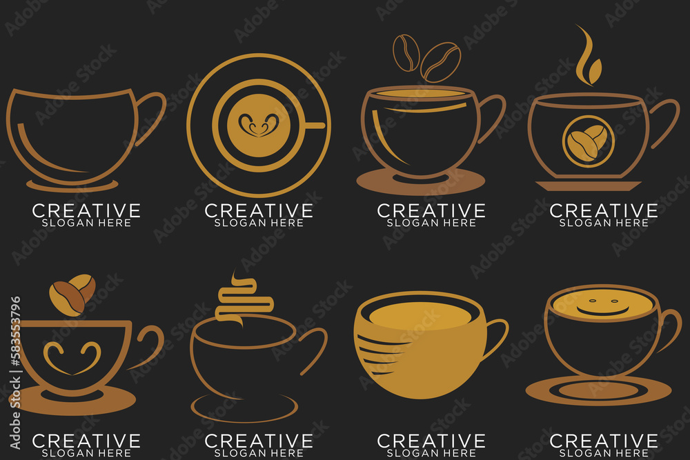 Set of coffee shop gold logo design collection with modern emblem shape Premium vector