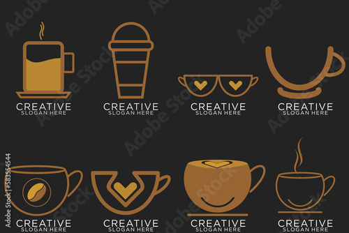 Set of coffee shop gold logo design collection with modern emblem shape Premium vector