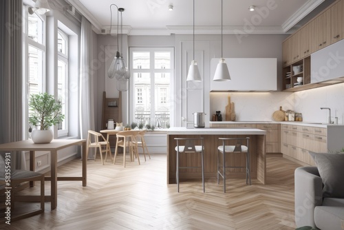 a traditional white and gray room with wooden elements and a parquet floor,. Generative AI