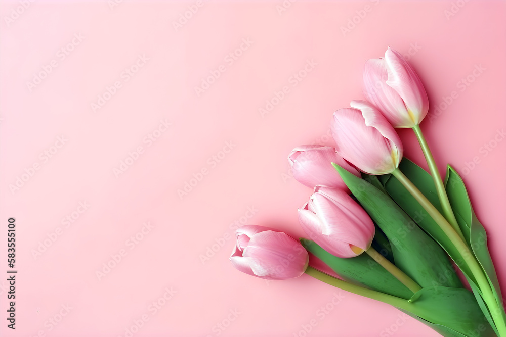 Pink spring tulip flowers on pink background top view in flat lay style. Greeting for Women or Mothers Day or Spring Sale Banner
