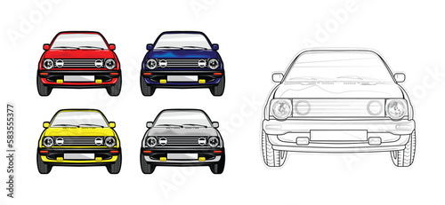 vector set of sedan cars with various colors and car sketches