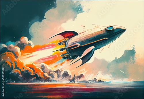Fototapeta Naklejka Na Ścianę i Meble -  Watercolor Illustration of a Rocket Ship Blasting Off SciFi Retro Classic Poster Flat Vector Illustration. Generative AI