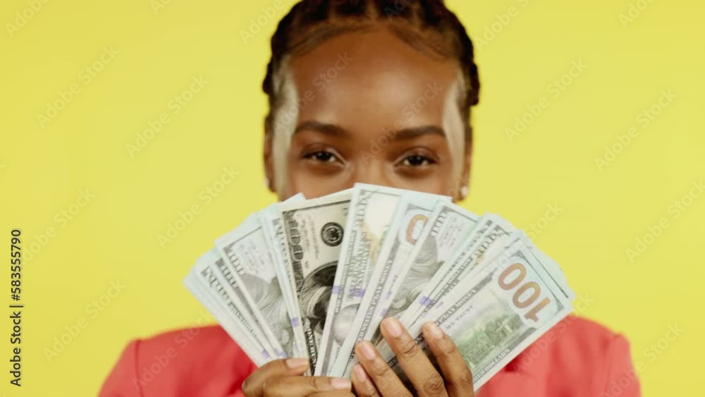 Portrait, happy black woman and money fan, dollar mockup, savings and profit for startup loan isolated on yellow background. Cash, budget and prize, success in financial freedom in studio with bonus. Portrait, happy black woman and money fan, dollar mockup, savings and profit for startup loan isolated on yellow background. Cash, budget and prize, success in financial freedom in studio with bonus.