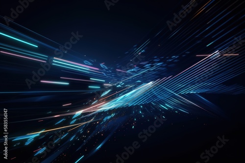 Vector Abstract, science, futuristic, energy technology concept. Digital image of light rays, stripes lines with blue light, speed and motion blur over dark blue background, Generative AI