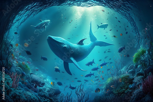 Underwater world with whales and fishes. Generative AI