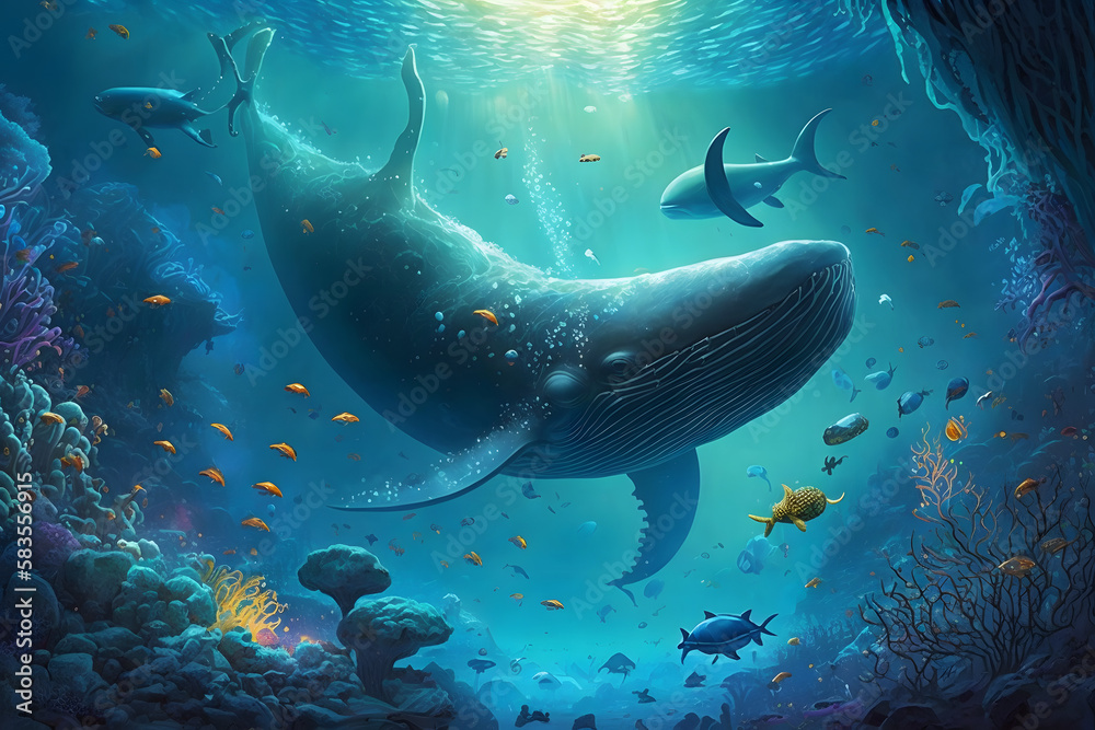 Obraz premium Underwater world with whales and fishes. Generative AI