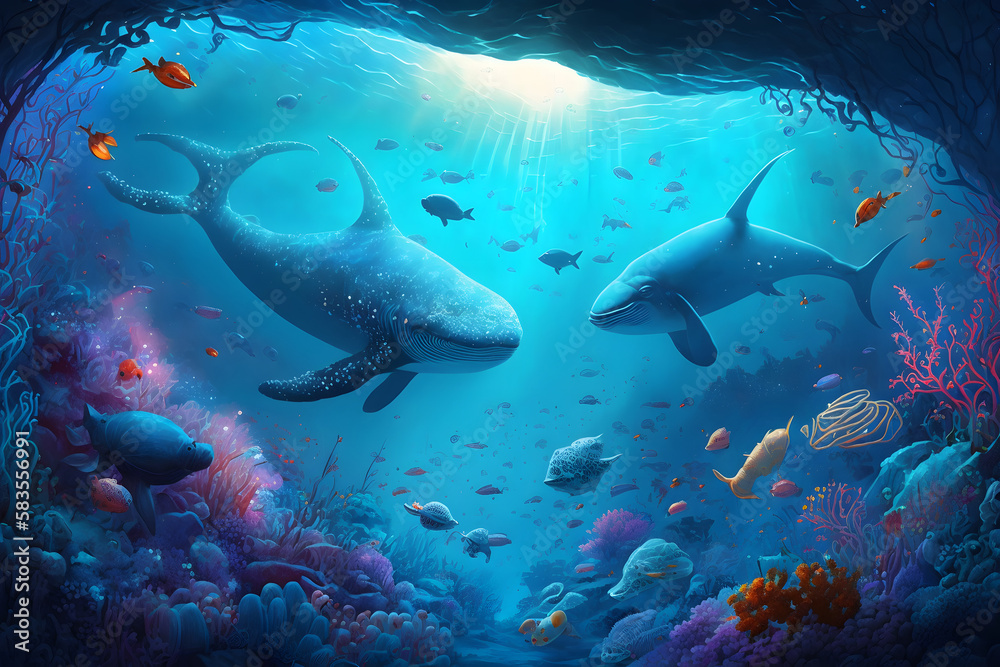 Underwater world with whales and fishes. Generative AI Stock ...