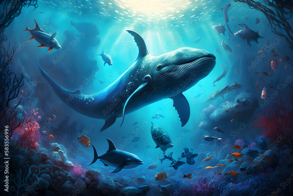 Obraz premium Underwater world with whales and fishes. Generative AI
