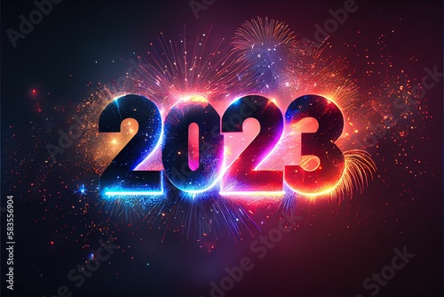 New Year 2023 with light sparks on a background of colorful bokeh lights