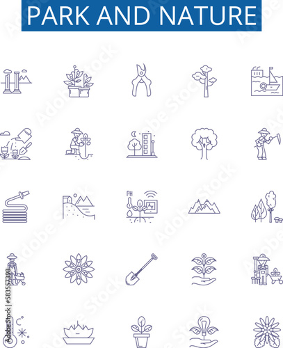 Park and nature line icons signs set. Design collection of Park, Nature, Woods, Trees, Plants, Grass, Flowers, Wildlife outline concept vector illustrations