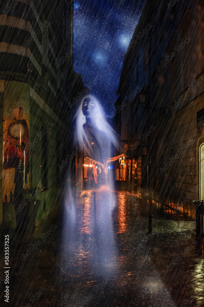 fairy tale cityscape under heavy rain on the stone pavement in old town at night