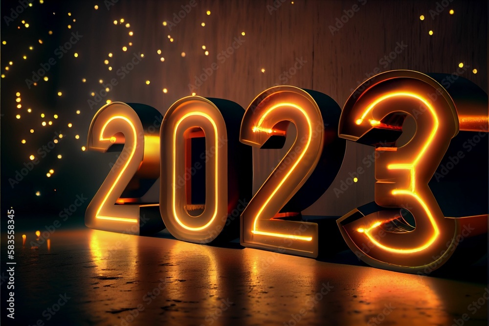 Festive New Year 2023 background with golden led lights and glitter sparkles Festive New Year 2023 background with golden led lights and glitter sparkles
