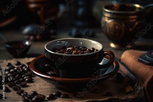 Cup of hot coffee with coffee beans