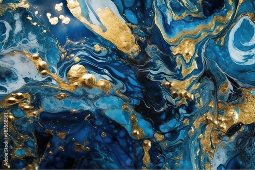 Luxury wallpaper. Blue marble and gold abstract background texture. Indigo ocean blue marbling with natural luxury style swirls of marble and gold powder. , Generative AI