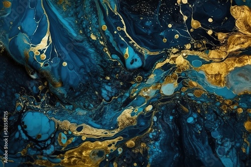 Luxury wallpaper. Blue marble and gold abstract background texture. Indigo ocean blue marbling with natural luxury style swirls of marble and gold powder. , Generative AI