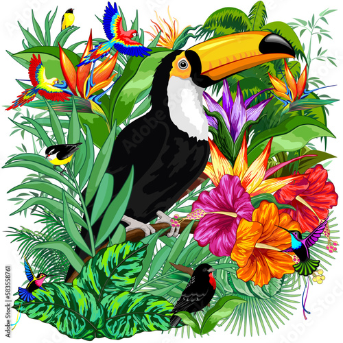 Designed wild birds and plants on a white background - great for printing