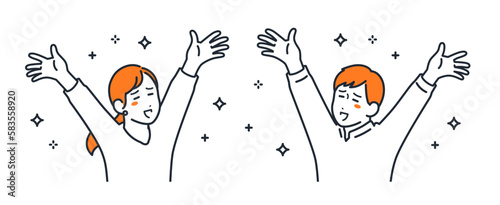 バンザイする若い夫婦のシンプルなベクターイラスト素材