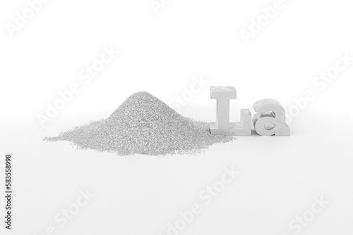 REE - rare-earth element Lanthanum. A handful of silvery-white metallic powder and the chemical symbol La on a white background. Lanthanum is rare earth metal