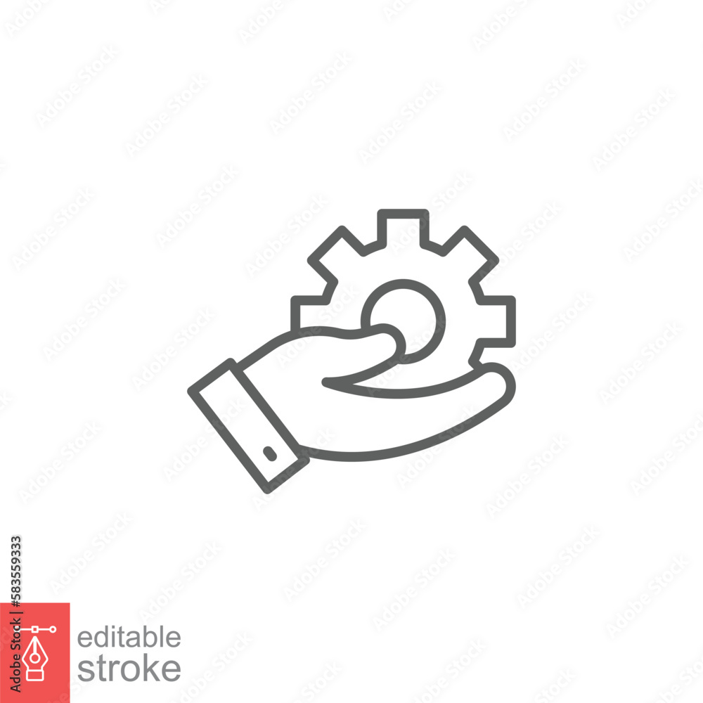 Mechanic gear service hand line icon. Wheel, cogwheel, technical, technology. Outline symbol. Setting and support concept. Vector illustration design on white background. Editable stroke EPS 10. Mechanic gear service hand line icon. Wheel, cogwheel, technical, technology. Outline symbol. Setting and support concept. Vector illustration design on white background. Editable stroke EPS 10.
