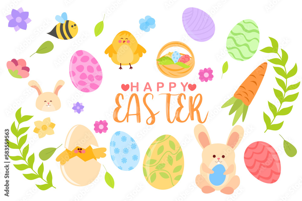 Happy easter, vector greeting cards with cute bunnies, easter eggs and flowers. Vector illustration
Happy easter, vector greeting cards with cute bunnies, easter eggs and flowers. Vector illustration