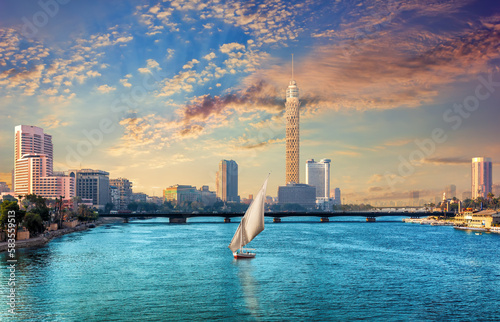 View on Cairo downtown on Gezira island in the Nile with the Tower and hotels, Egypt