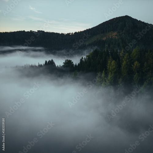 Scenic aerial view of forests and mountains on a foggy day in Mariazell city, Austria