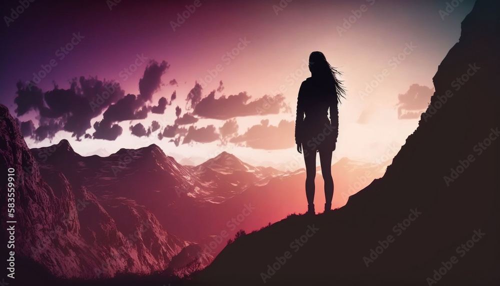 Women in the mountains at sunset, Created with generative AI