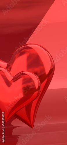 Two burgundy shiny metallic hearts on a burgundy shiny background. Smartphone wallpaper or romantic card vertical template for Valentine's Day, Women's Day or wedding. 3d rendering, close up