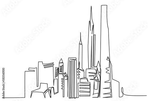 Megapolis one line on a white background. Stock vector illustration of a big city with skyscrapers. The concept of a technologically advanced society.