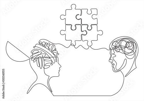 A man and a woman are talking with puzzle pieces continuous line